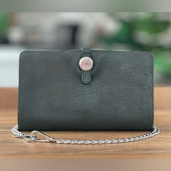 Hermes Bags Authentic Hermes Dogon Forest Green Wallet With Chain